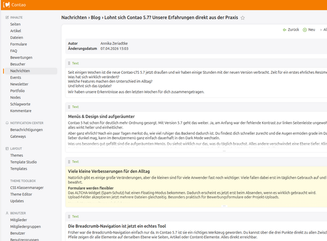 Screenshot vom Backend in Contao 5.7.