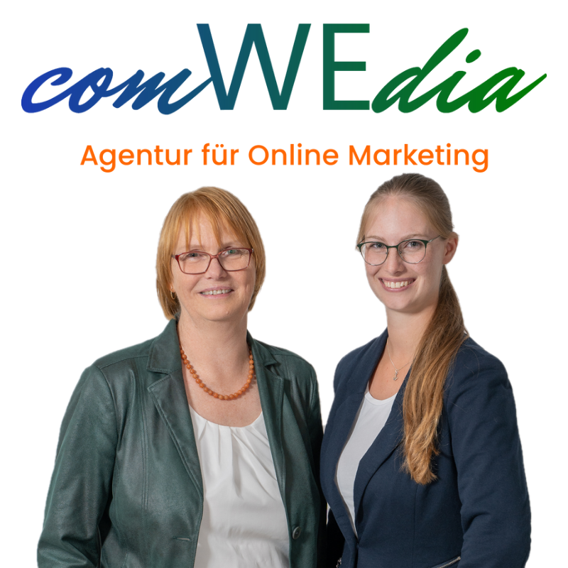 Markenlogo comWEdia Agentur für Online Marketing und die Gesellschafterinnen Annika und Heike Zeriadtke