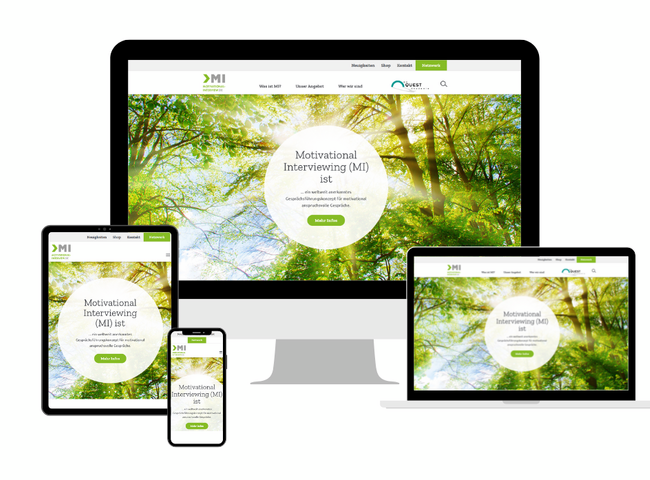 Beispiel der von comWEdia mit Contao umgesetzten Website www.motivational-interview.de auf verschiedenen Endgeräten.