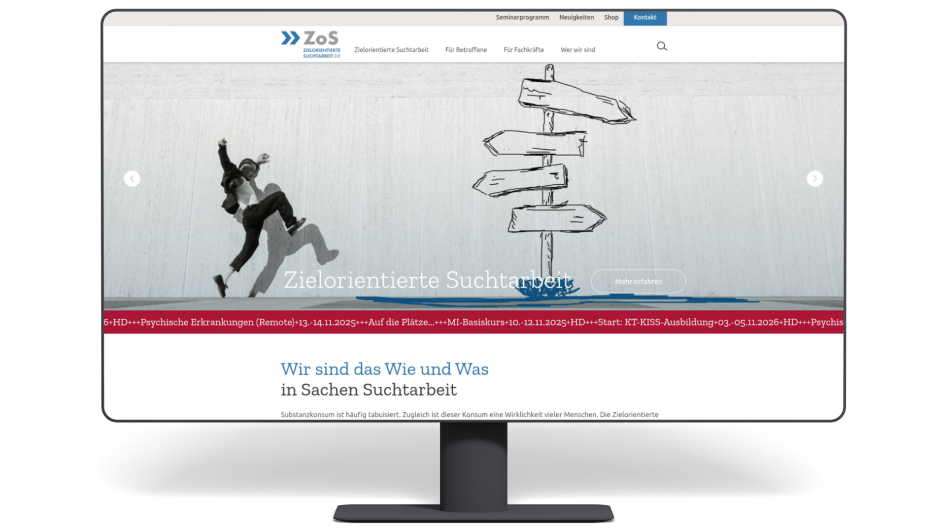 Startseite der Website Zielorientierte Suchtarbeit auf einem großen Monitor.