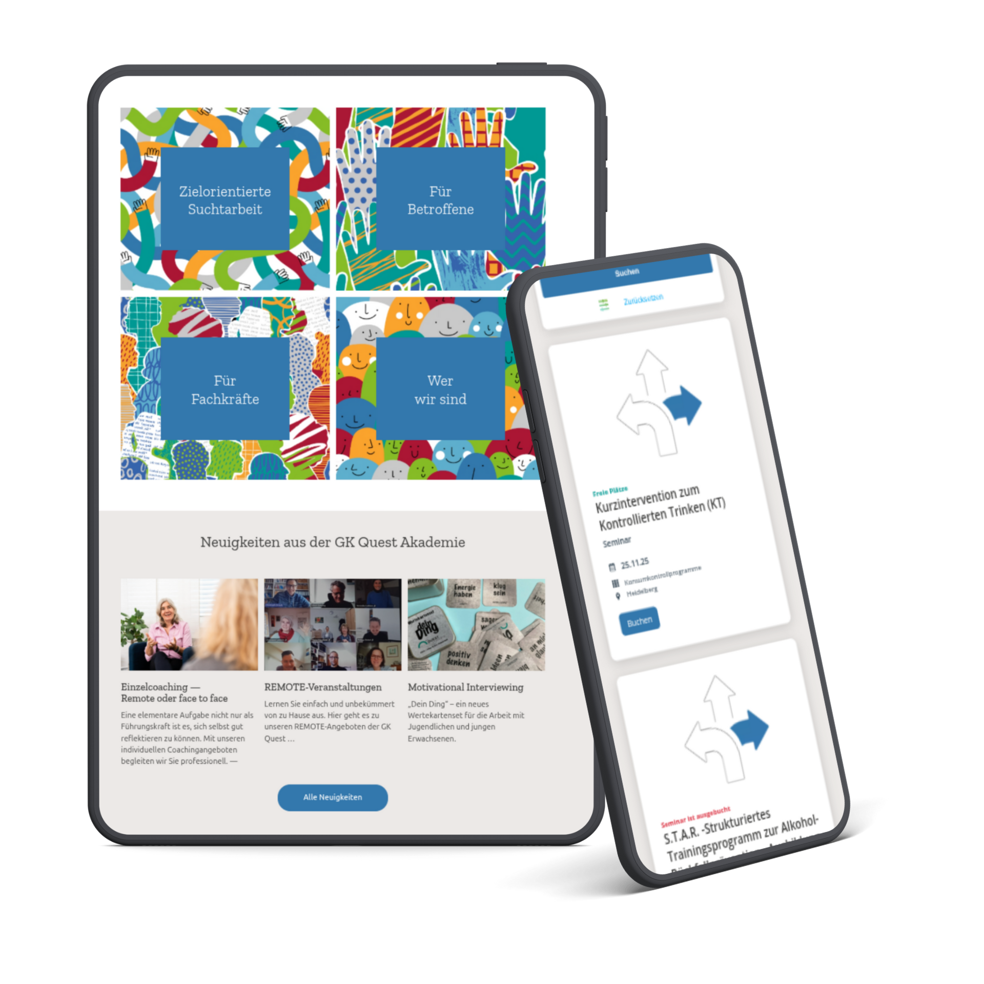 Die Übersicht der Angebote auf der Startseite der Website Zielorientierte Suchtarbeit auf einem Tablet und die Seminarübersicht auf eienm Smartphone.